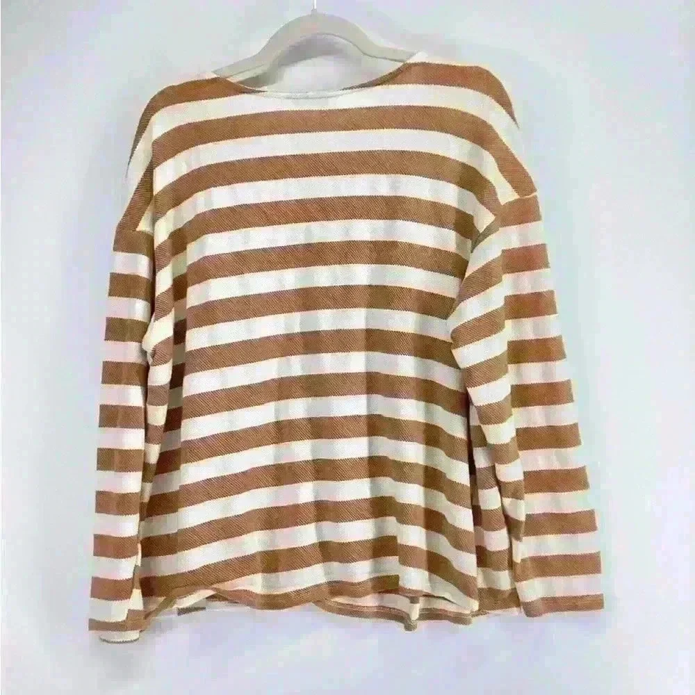 XL CES FEMME Women Fall Stripe Top Long Sleeve Orange White A8 - Picture 4 of 7